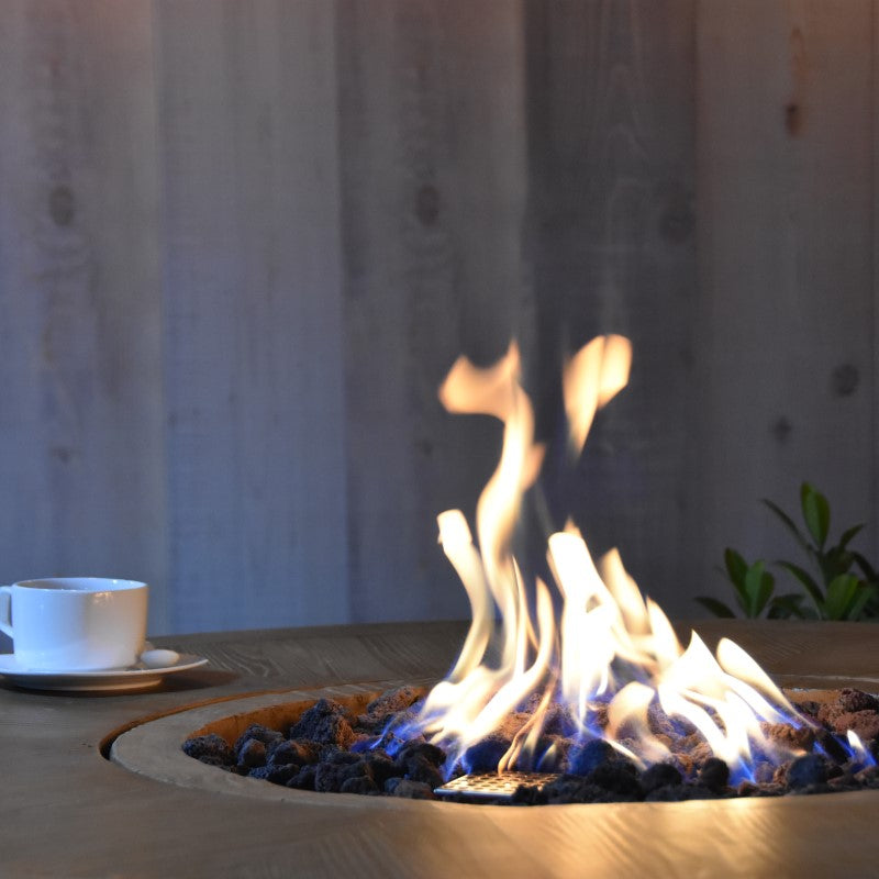 Elementi Lafite Barrel Fire Table with Flame Closeup