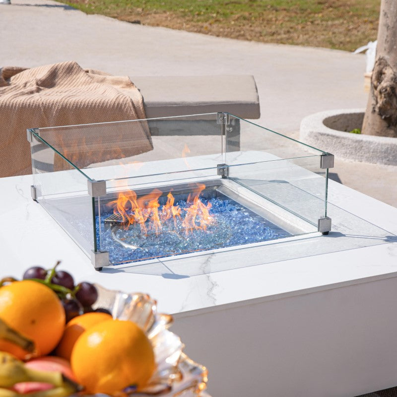 Elementi Plus Annecy Fire Table White Closeup with Wind Screen