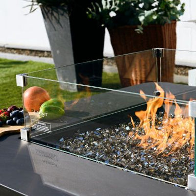 Elementi Plus Bergamo Fire Table with windscreen and flame close up