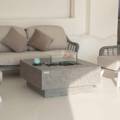 Gray Manhattan Ethanol Fire Table outdoor with coaches
